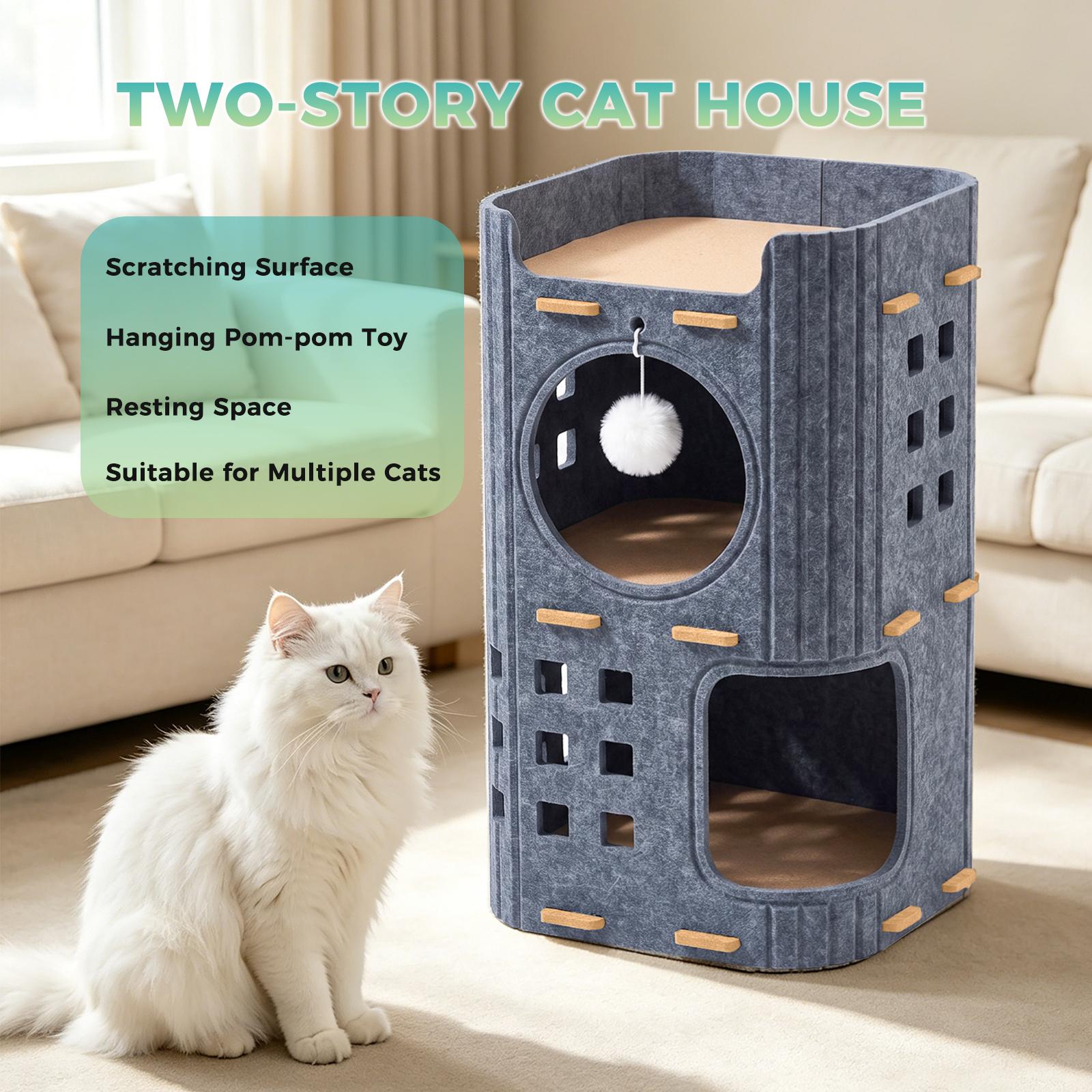 2-Tier Detachable Felt Cat Tower House Multi Level Cat Cave Condo with Hanging Pom-pom Toy Scratch Pad Base Breathable Hollow Window Design Indoor Large Space Cat Shelter for Kittens Adult Ca