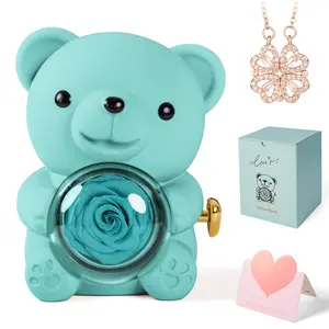 【 Mountova Original Patented】Real Rose Bear With Lucky four-leaf clover necklace - Valentine's Day Gift For Girlfriend Wife Mom Daughter - Birthday & Anniversary Present