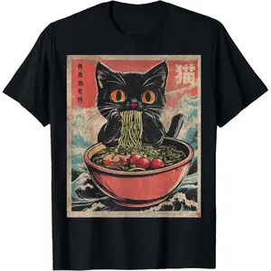 Comfort Cotton Cat Ramen Japanese Funny Graphic Tees Kawaii Cat Anime Gifts T-Shirt
