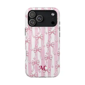 Personalized Pink Bow Phone Case, Monogram Initial Phone Case | Impact-Resistant Case, Gift For Friends, Tough Case Phone, Magsafe Tough Phone, IP 17,16,15, 14, 13, 12, 11, X, Pro, Pro max, Plus, SS21-25, Ultra