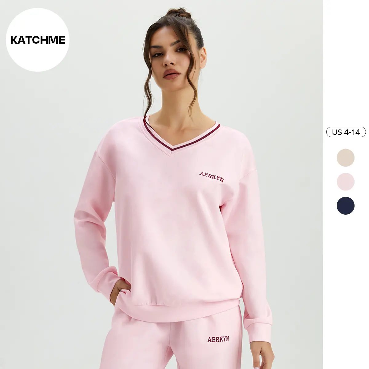 KatchMe Women's Versatile Contrast Binding V-Neck Long Sleeve Sweatshirt, Athleisure Soft Letter Print Top for Spring & Fall, Breathable Daily Outfit