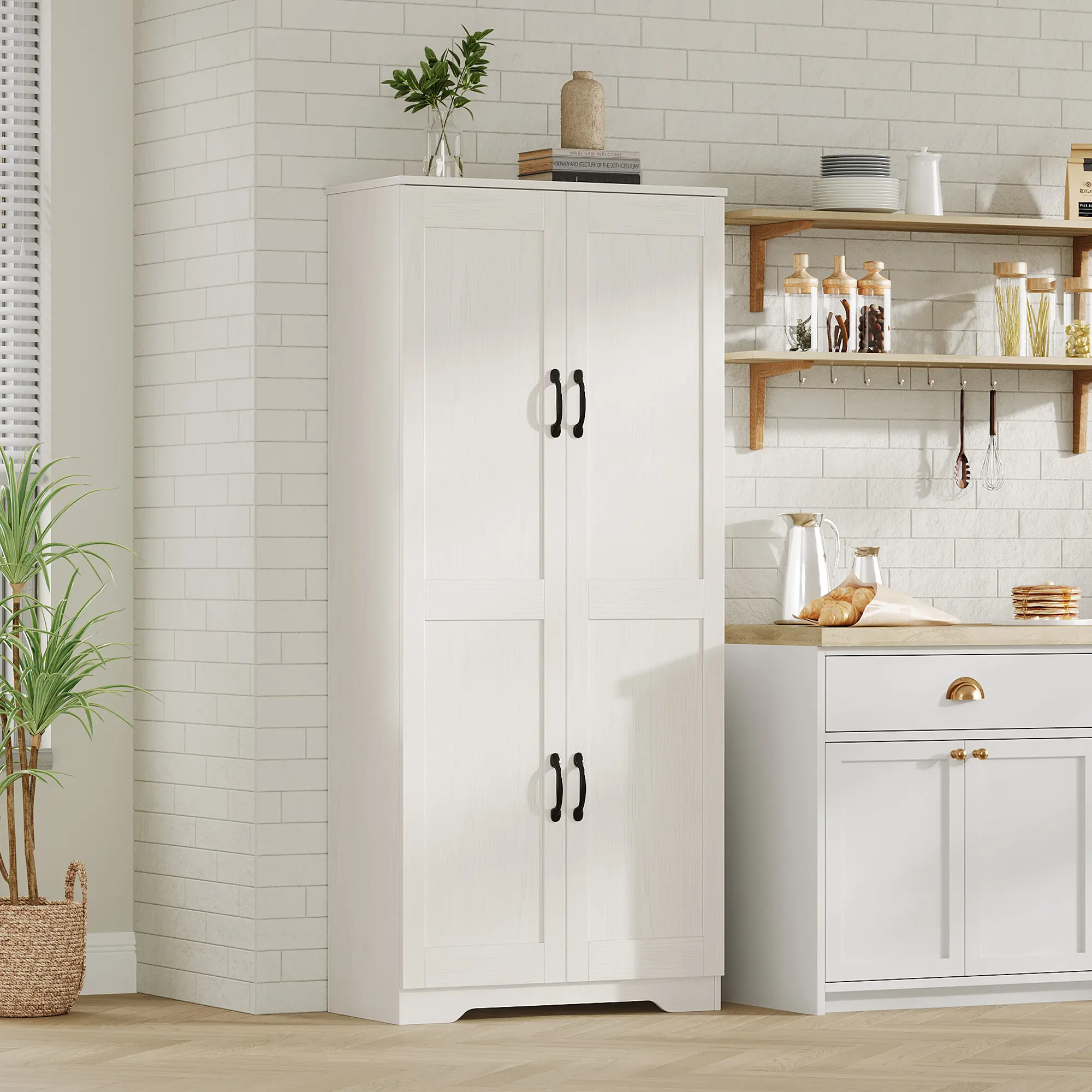 60" Tall Pantry Cabinet with 2 Doors, 4 Tiers Freestanding Larder Cupboard with Anti-tipping Kits & Adjustable Shelves, Modern Pantry Storage Cabinet Unit with 2 Doors for Dining Room,dorm essentials,home decor