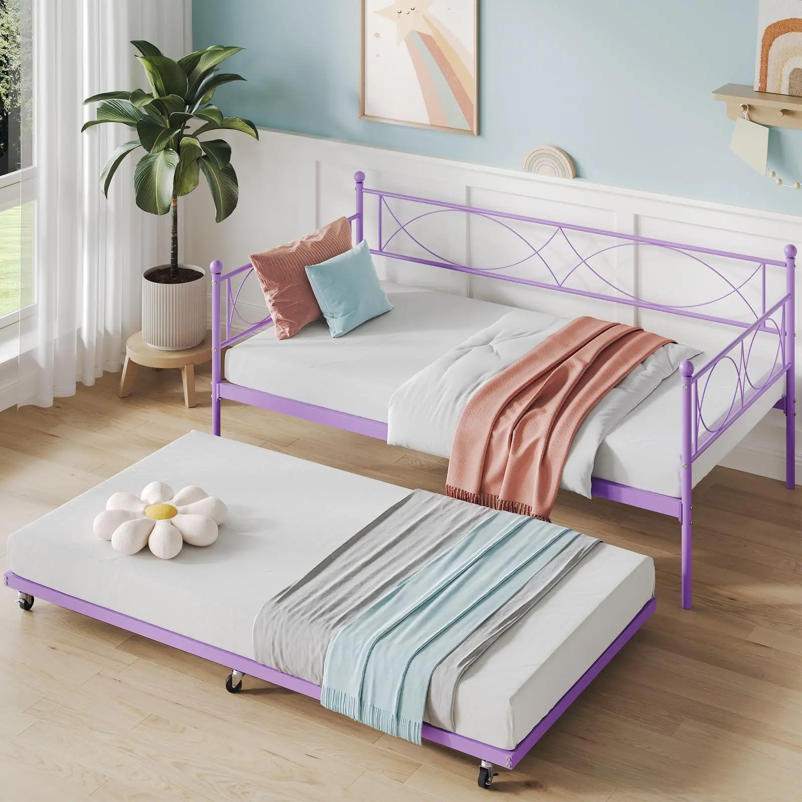 Purple Twin daybed with Trundle,Metal Twin Daybed and Trundle Set, Day Bed Sofa Bed Frame with Steel Slat Support,Multifunctional Daybed Frame for Bedroom
