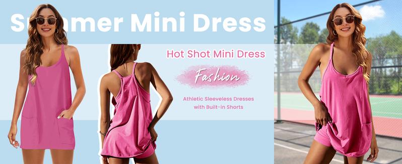 Mundoven Women's Athletic Sleeveless Mini Dress with Built-in Shorts Summer V Neck Spaghetti Strap Short Spring Tennis Dress with Pockets