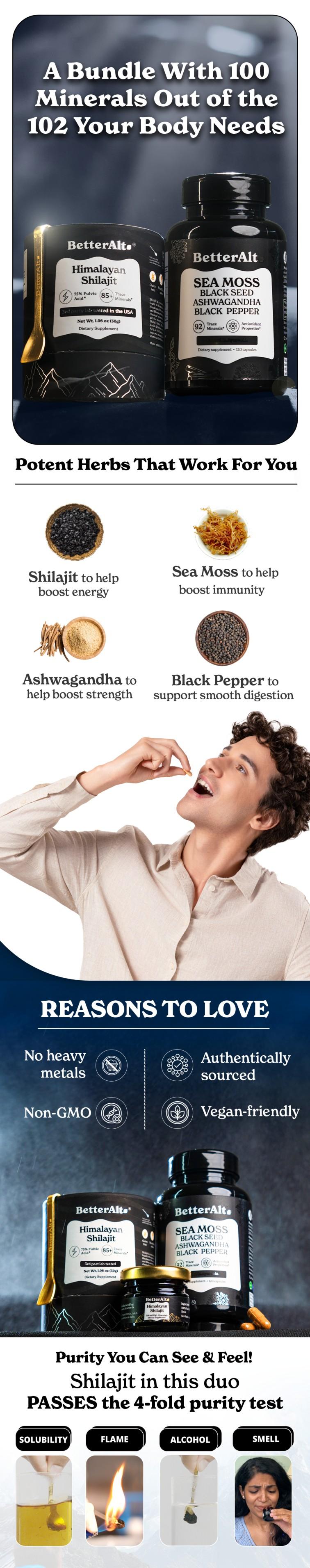 BetterAlt Ultimate Energy Duo | Lab-Tested | Himalayan Shilajit | 75 Servings | Irish Sea Moss | 60 Servings | Helps Improve Energy & Immunity