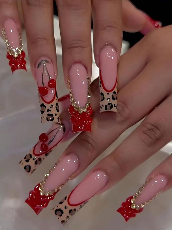 24-Piece 3D French Manicure False Nail Set with Leopard Print, Red Bows & Rhinestone Designs