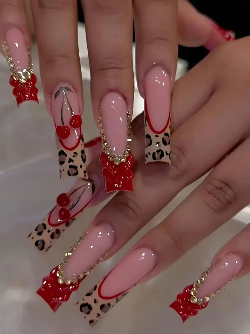 24-Piece 3D French Manicure False Nail Set with Leopard Print, Red Bows & Rhinestone Designs