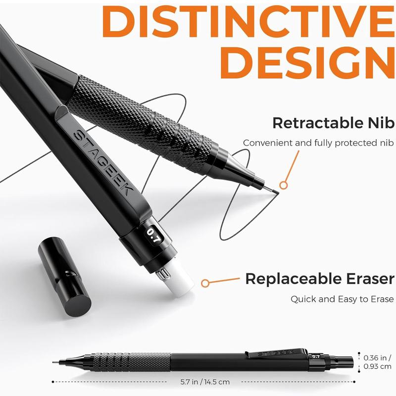 STAGEEK 21PCS Metal Mechanical Pencil Set, Art Lead Pencil 0.3, 0.5, 0.7, 0.9, 2mm Holder(HB 2H 2B 4B Color) with 10 Tubes Graphite Lead Refills Eraser with Case for Drafting Drawing Sketching