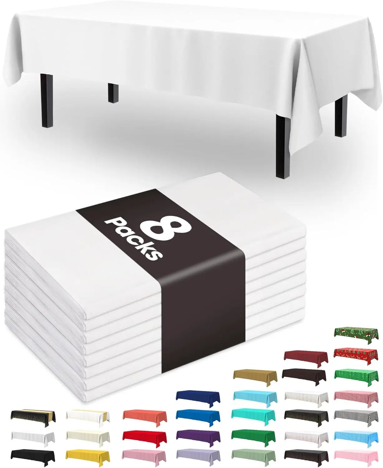 8-Pack Value Disposable Plastic Tablecloth, 54"x108" Waterproof & Stain-Resistant White Decorative Cover for Rectangular Tables, Ideal for Parties, Picnics