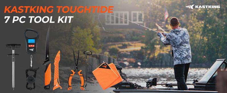 KastKing SteelStream/ ToughTide  Fishing Tool Kit - Fishing Pliers with Lanyard, Fillet Knife, Floating Fish Lip Gripper, Fishing Braid Scissors, Tool Retractor, Fishing Hook Remover, Bungee Cords ToughTide Tools Kits Carabiner Outdoorfun