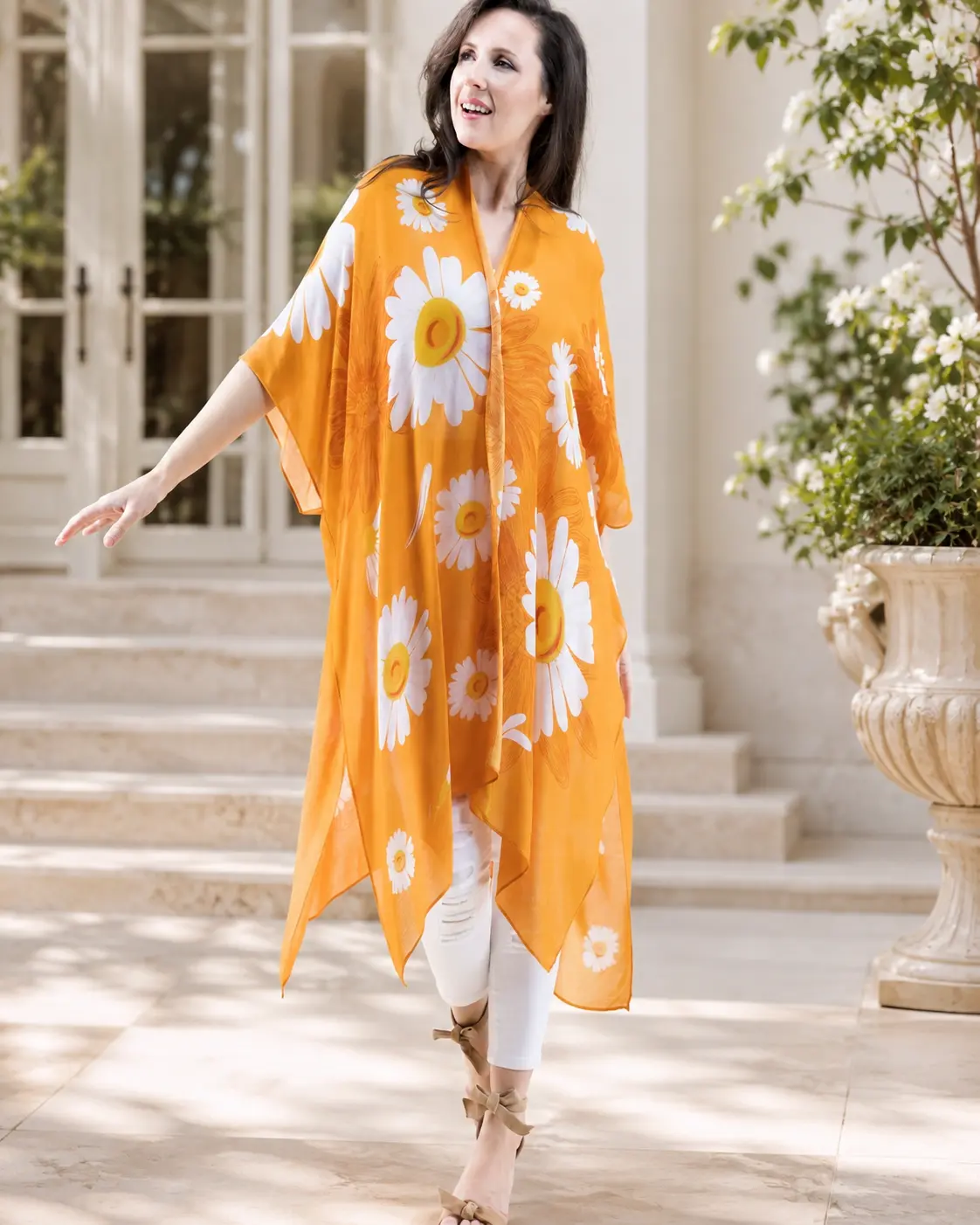 Women's Floral Print Open-Front Kimono Cardigan Cover Up - Boho Chic Woven Style, Half-Sleeve Batwing, Breathable Lightweight Soft Fabric, Elegance, One Size, Summer Casual Beach Swimwear Accessory, Essential