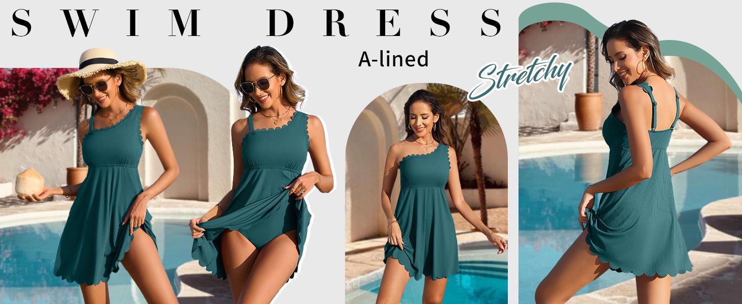 Charmo Ribbed One Shoulder Swim Dress Scalloped Tummy Control Swimsuits for Women Swimwear Built-in Side Tie and Briefs