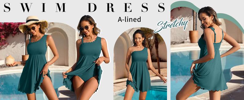 Charmo Ribbed One Shoulder Swim Dress Scalloped Tummy Control Swimsuits for Women Swimwear Built-in Side Tie and Briefs