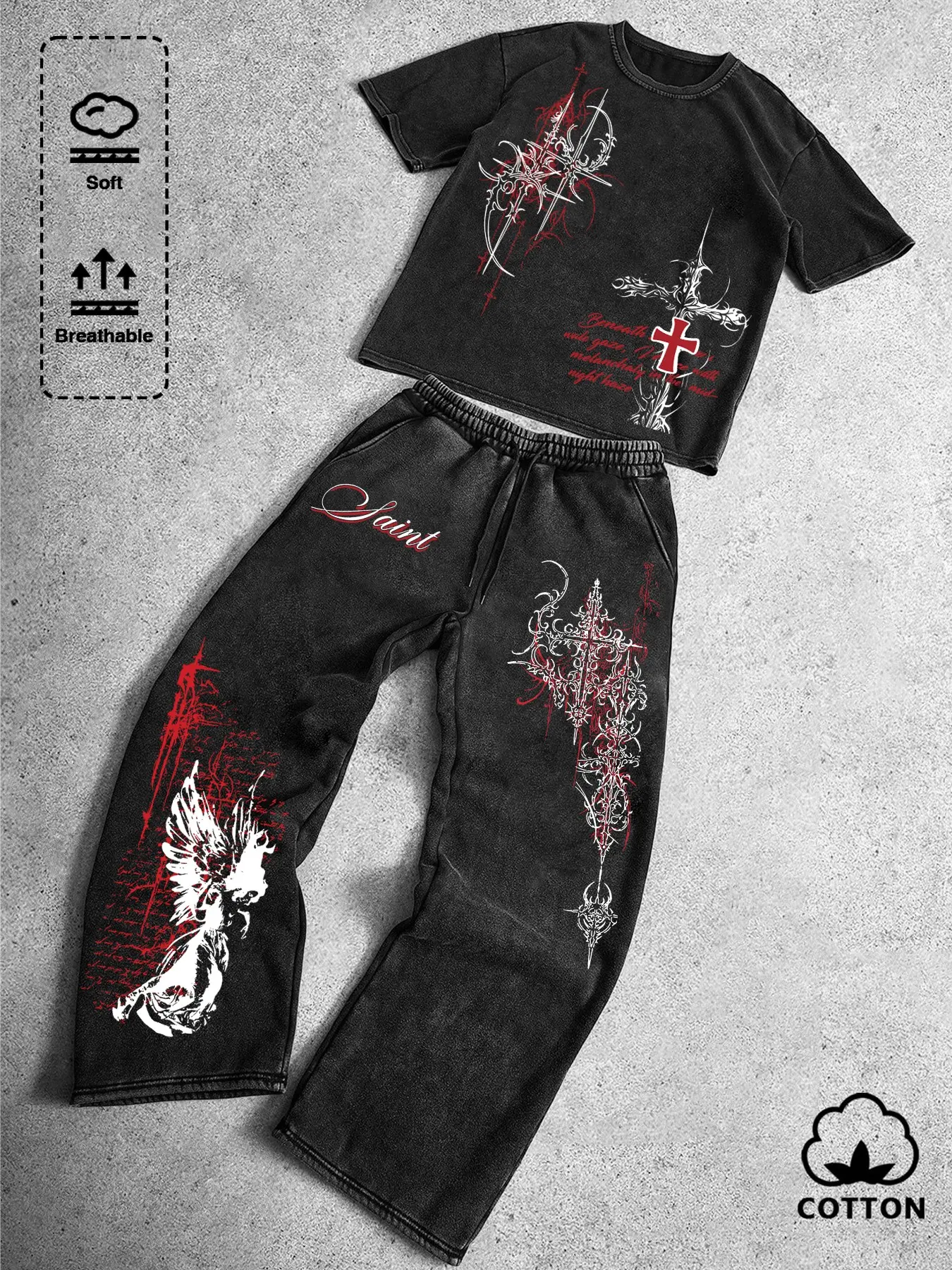 Y2K Gothic Oversized Two Piece Set Vintage Washed Breathable Cotton T-Shirt & Baggy Pants with Cross & Angel Graphic Grunge Streetwear for Daily Casual & Night Out