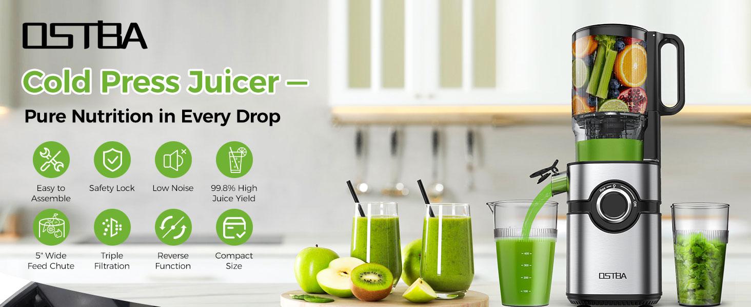 OSTBA Cold Press Juicer, 5'' Large Feed Chute, Slow Masticating Juicer for Whole Fruits & Vegetables, High Juice Yield, BPA-Free, Easy to Clean