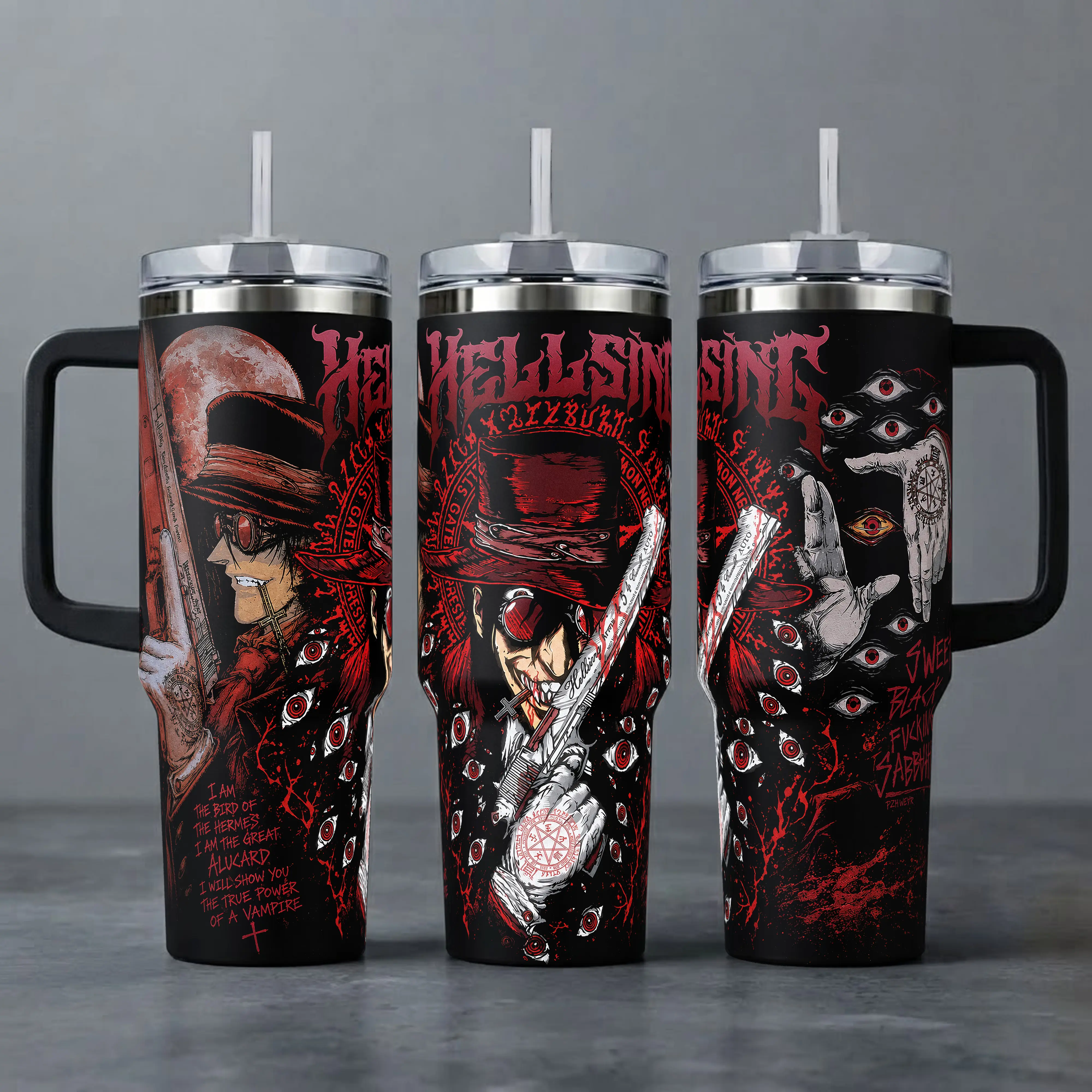 Hellsing Alucard Stainless Steel Insulated Tumbler - 20oz/40oz Reusable Portable Coffee Mug with Silicone Handle, Straw, Lid, "Bird of Hermes" Vampire Hunter Art Print, Gothic Anime Fan Merch, Dark Fantasy Gift
