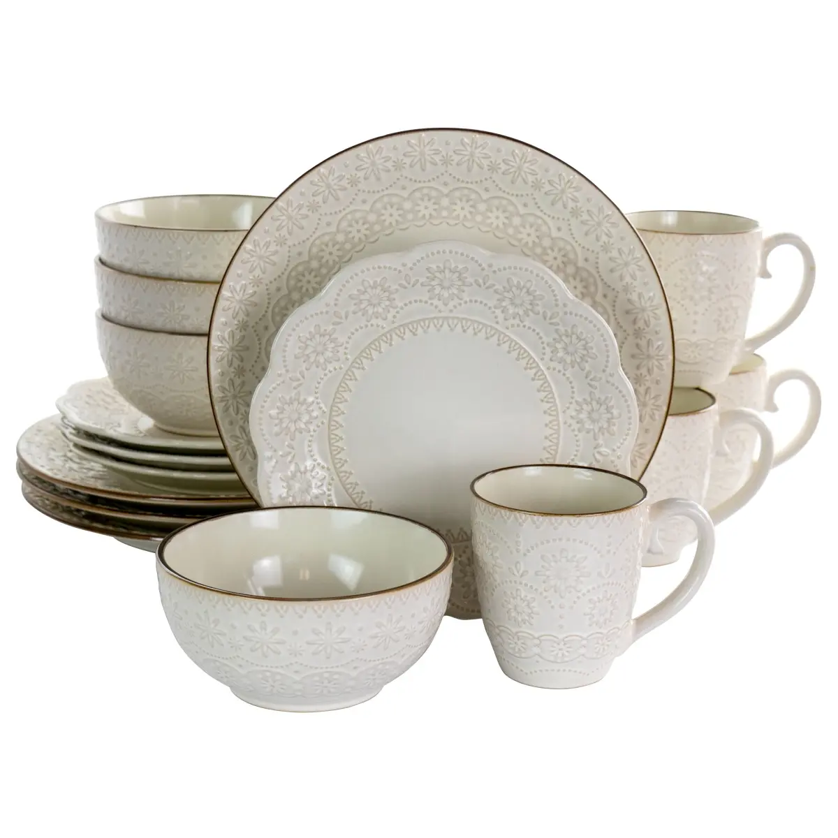 Elama 16-Piece Countess Embossed Double Bowl Stoneware Tableware Set, Ivory - Scalloped, Everyday Use, Dinner Plate Included, Dishwasher Safe, Contemporary Default Kitchen Set