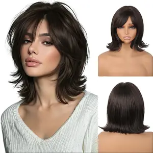 AISI HAIR Short Layered Wig with Bangs Natural Straight Looking Synthetic Wigs for Women