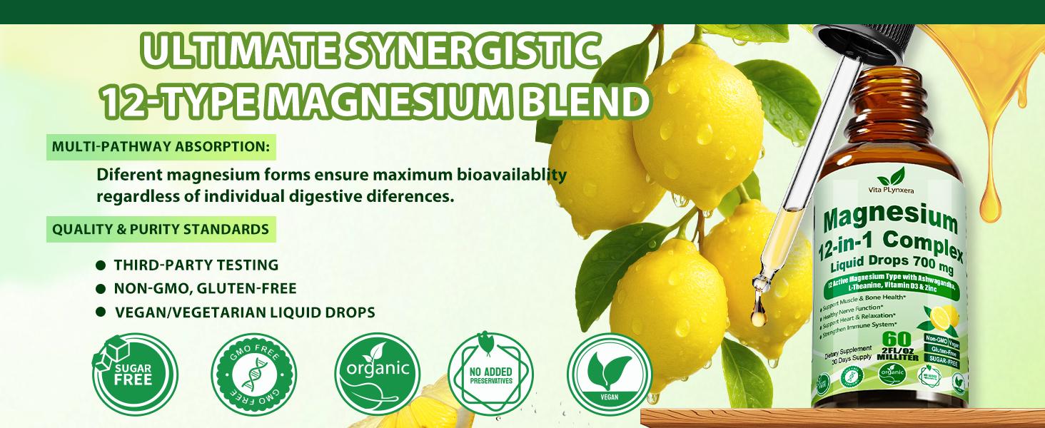12-in-1 Magnesium Complex Liquid Drops, Chelated Magnesium Citrate Glycinate Taurate Malate Aspartate w. Ashwagandha Theanine D3 & Zinc for Relaxation Sleep Immune Health & Muscle FunctionWomen Men 12-in-1 Magnesium Complex Liquid Drops, Chelated Magnesium Citrate Glycinate Taurate Malate Aspartate w. Ashwagandha Theanine D3 & Zinc for Relaxation Sleep Immune Health & Muscle FunctionWomen Men