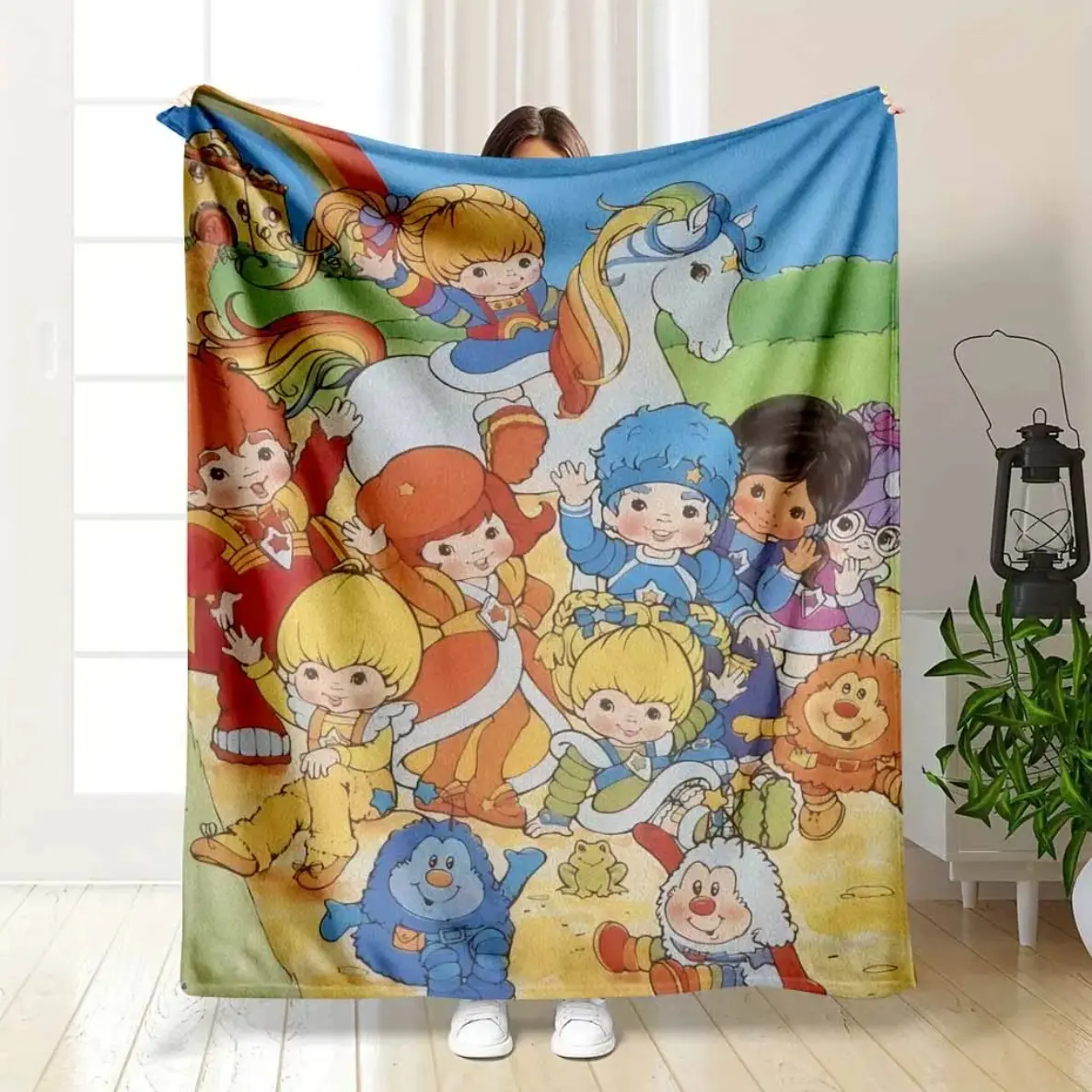 Rainbow Brite and Color Kids Retro 80s Cartoon Flannel Blanket Colorful Nostalgic Group Portrait with Starlite Horse and Sprites Art Print Soft Warm Cozy Lightweight Throw Blanket Ideal for Bedroom Sofa Office Travel, Perfect Holiday Gift & Home Decor