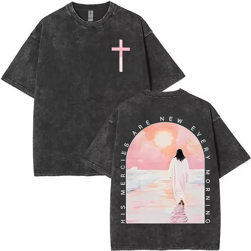 Women's Casual Soft Solid Short-Sleeve Seamless Christian Top - Smooth Fabric, "His Mercies Are New Every Morning" Graphics, Jesus Walking On Water Design, Women's Shirts, Christian Clothing, Cotton, Fold‑And‑Go Tee