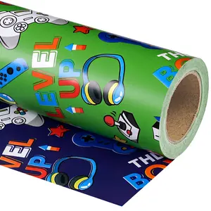 WRAPAHOLIC Reversible Gaming Wrapping Paper - Mini Roll - 17 Inch x 33 Feet - Gaming Kids Boys Happy Birthday Wrapping Paper for Boys Kids Birthday, Baby Shower, Party