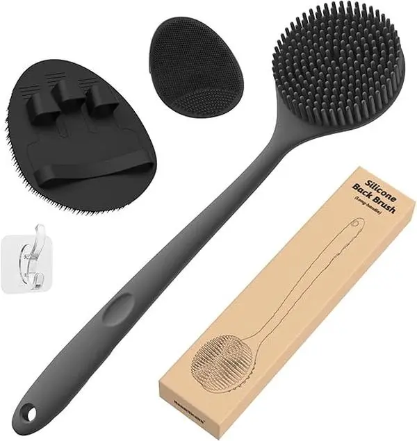 Manmihealth Silicone Back Scrubber (Thick Bristles) & Bath Glove & Face Brush Set (3PCS), Super-Exfoliating & Lathering Body Scrubber, Shower Brush, Face Scrubb