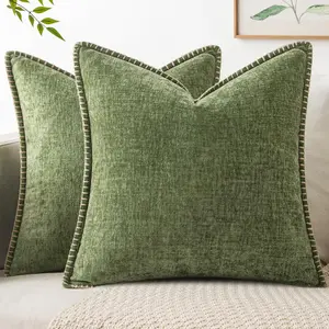2 Pack 18x18 Inch Chenille Throw Pillow Covers, Sage Green Farmhouse Decorative Cushion Covers for Sofa, Couch, Bed & Living Room