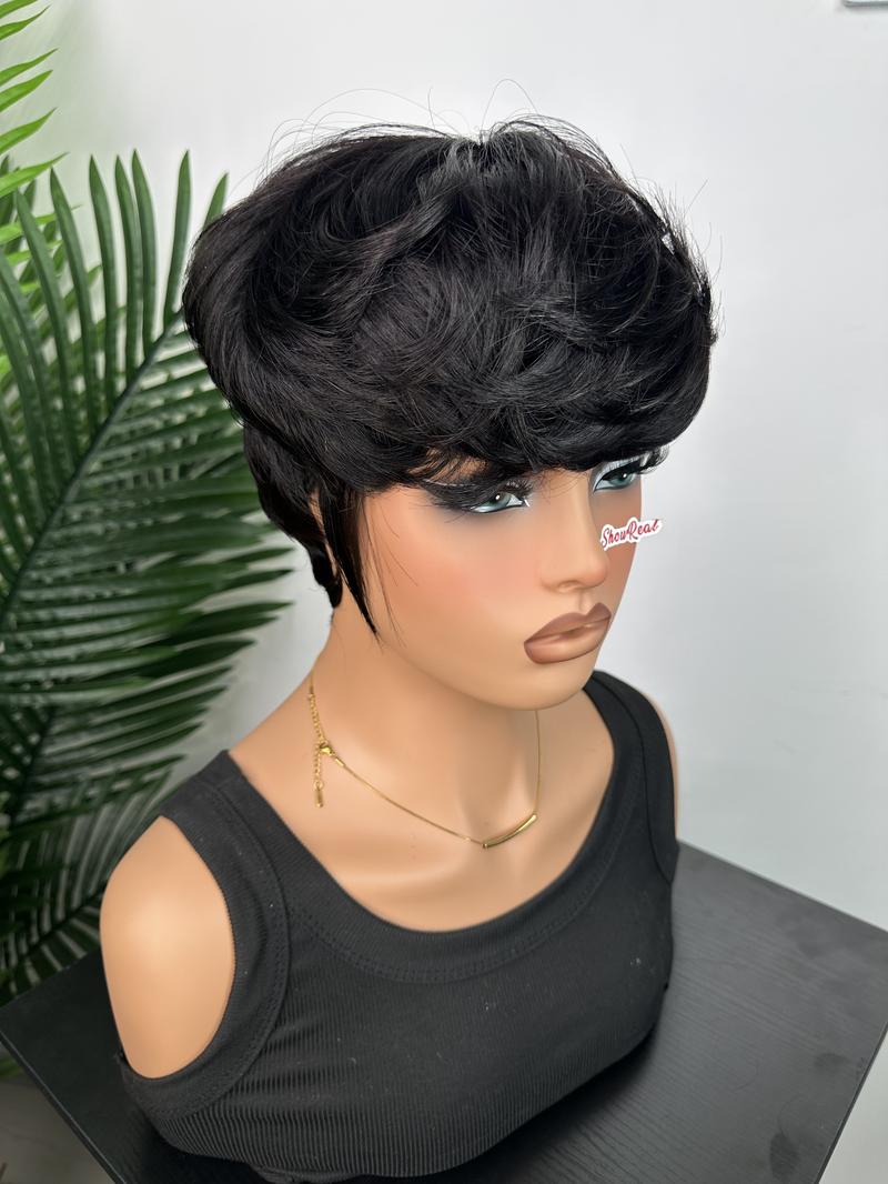ShowRealHair Bowl Cut Wig for Women - 6 Inch Short, Wavy & Fluffy Layered Pixie Cut Style with Fringe, Perfect for Daily Wear and Fashion