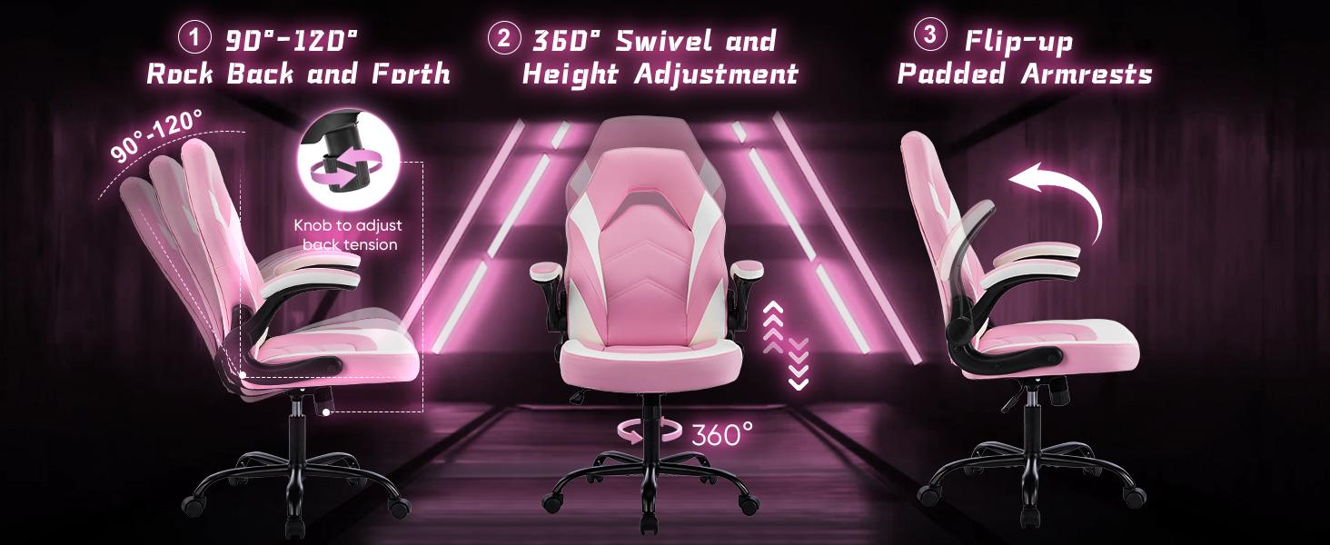 Gaming Chair, Office Chair High Back Computer Chair with PU Leather and Flip-up Armrest, Adjustable Swivel