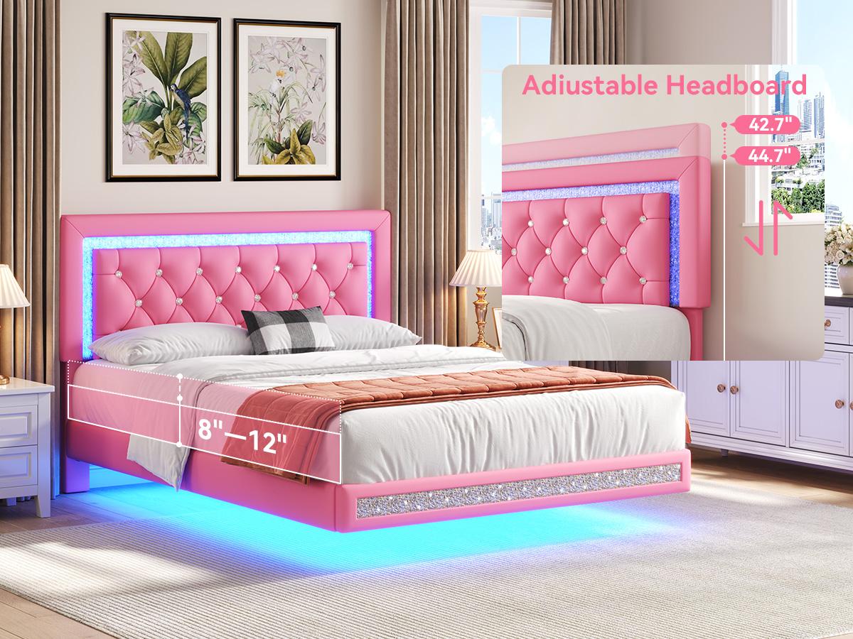 TryLazy Modern Floating Bed Frame with LED Lights, Upholstered Platform Bed Diamond Tufted Headboard, No Box Spring Needed, Noise Free, Easy Assembly