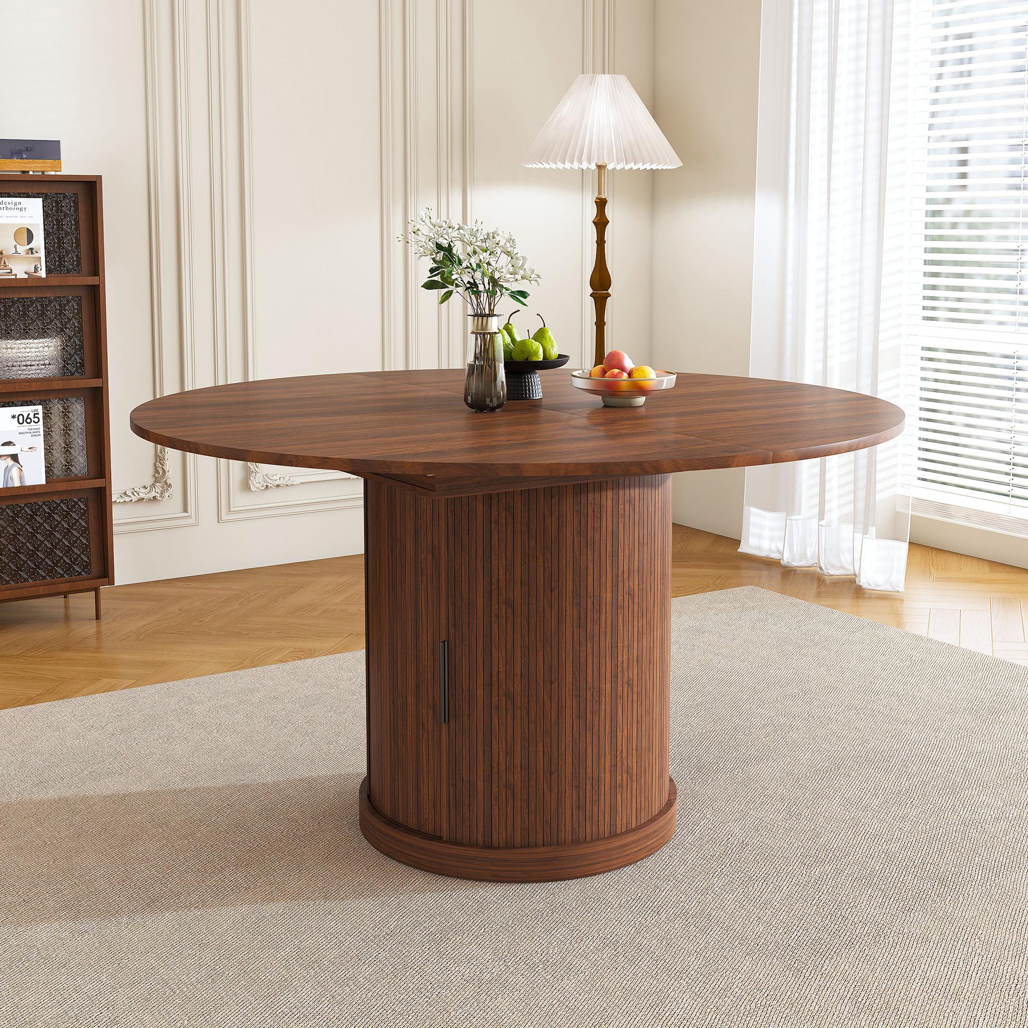 59" Extendable Oval Dining Table with 2-Tier Storage for 4-6, Space Saving Expandable Kitchen Table in Walnut Brown, MDF with Walnut Finish & Pedestal Base 59" Extendable Oval Dining Table with 2-Tier Storage for 4-6, Space Saving Expandable Kitchen Table in Walnut Brown, MDF with Walnut Finish & Pedestal Base