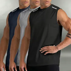 Men’s breathable, lightweight sleeveless tank tops, 3-pack in black, gray, and dark navy; quick-drying crew-neck athletic tops for fitness training
