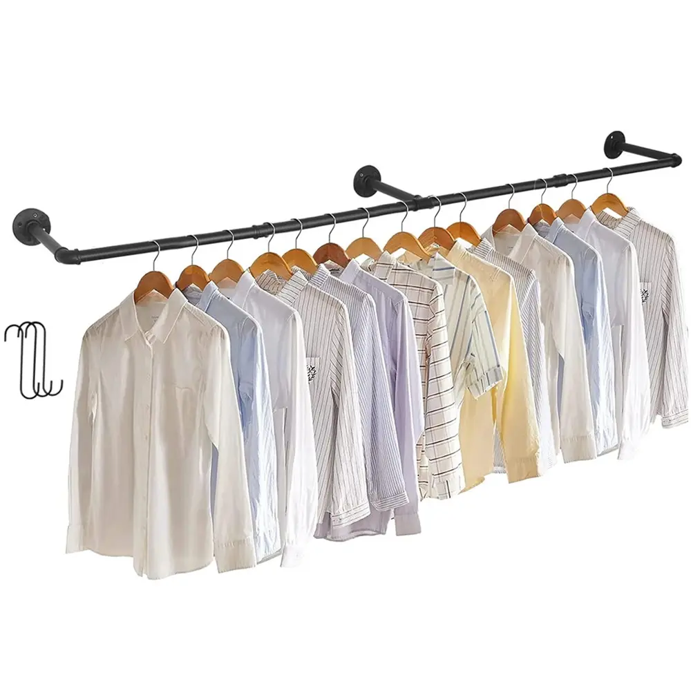 Wall Mounted Hanging Rail Garment Rack Industrial Pipe Clothes Rack Space Saving Hanging Bar Detachable