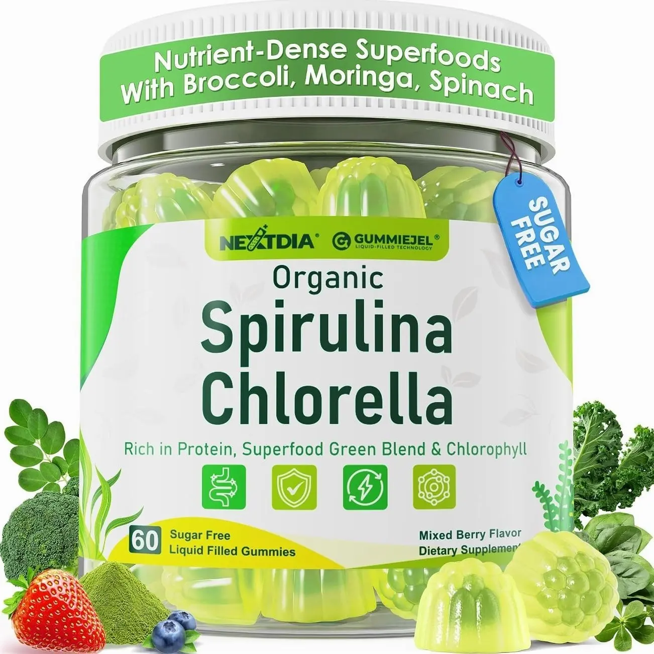 Organic Spirulina Chlorella Gummies + Super Greens, High in Vegan Protein & Chlorophyll, Green Algae + Broccoli，Moringa, Spinach, C, D3, Zinc, B12 for Energy, Gut, Immune, Antioxidant, No Sugar, 60Cts