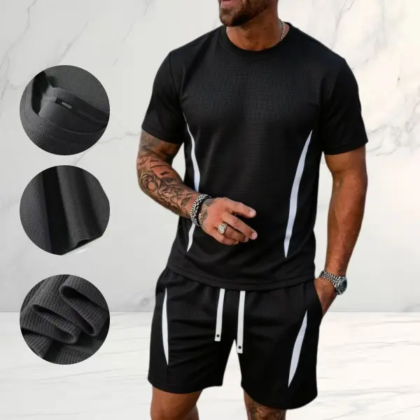 Men’s summer waffle athletic casual set, short sleeve crewneck top and drawstring elastic waist shorts (two piece). Versatile men’s outfit for running, fitness, shopping, and home wear. Training Clothes Seamless Sports Set