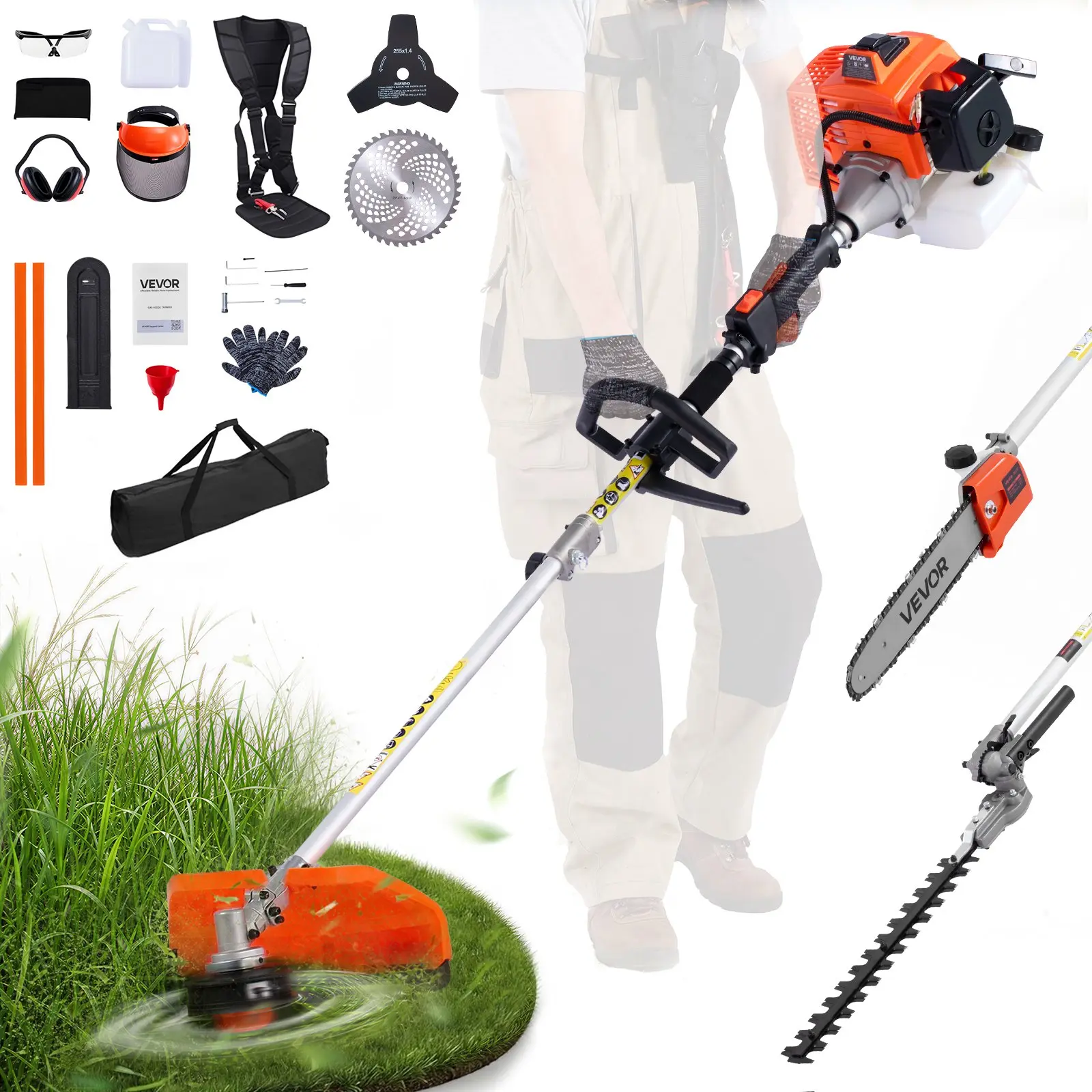 【Summerfinds】VEVOR Gas Hedge Trimmer,2 Cycle Gas Power Handheld Hedge Trimmer5-in-1 63cc Cordless Weed Eater with Protective Gear SetIncludes Hedge and String TrimmerBrush Cutter(3T & 40T Blades)Pole Saw