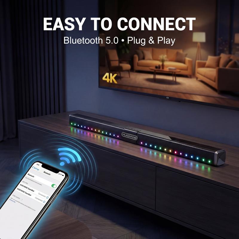 HUICHANG 10-Speaker RGB Soundbar – Wireless Bluetooth 5.3 Slim 34.6” Design,  Deep 9D Bass, TWS Stereo, Piano Black Finish, AUX/USB/Coaxial Inputs, Perfect for Home Theater, TV, Gaming & Party Smartphone Audio，Black Friday, gifts，New Year's Party