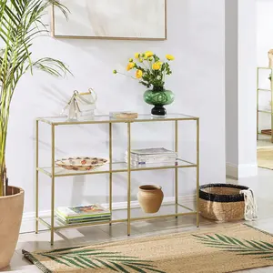 39.4 Inch Console Table with 3 Shelves, Sofa Tables, Modern Entryway Table, Metal Frame, Tempered Glass Shelf, Entryway Living Room Bedroom, Metallic Gold and Transparent