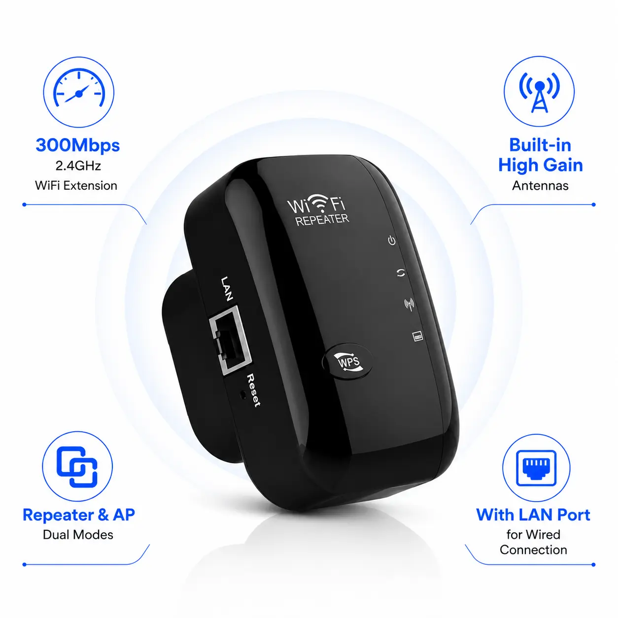 WiFi Range Extender WiFi Signal Booster Wireless Signal Amplifier 2.4GHz 300Mbps Band up to Internet Range Booster with Integrated Antennas LAN Port Black