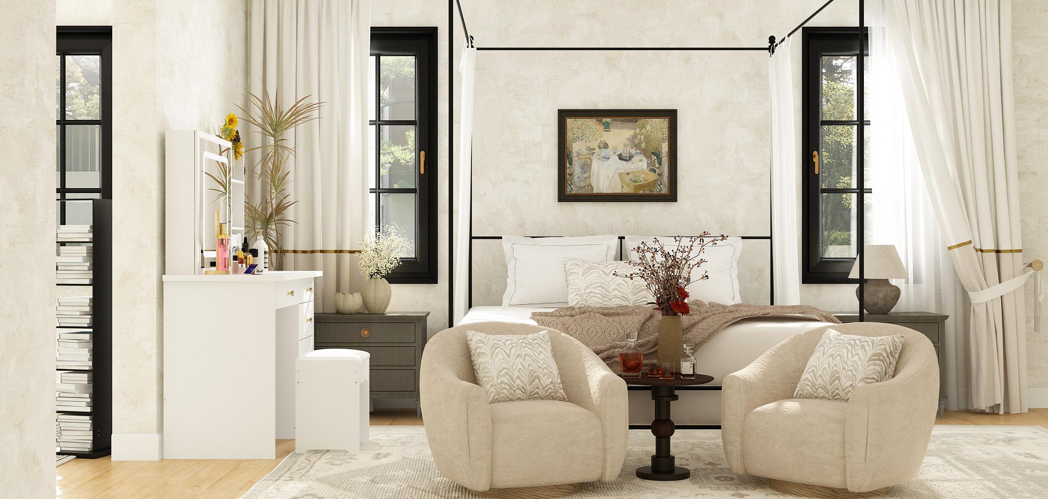 FUFU&GAGA  Makeup Vanity Desk Set with Sliding Lighted Mirror, Power Strip & Hair Dryer Holder, with Drawers, Storage Shelves & Stool