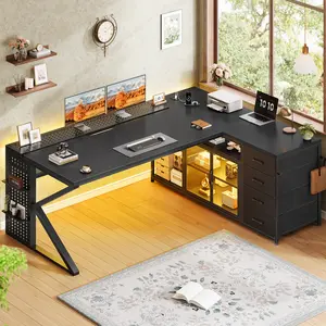 SEDETA 63-Inch L-Shaped Gaming Desk Computer Desk with 4 Drawers and Display Cabinet Executive Office Desk with Storage Shelves and LED Light