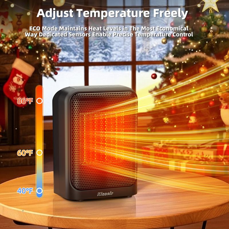 KISSAIR Ceramic Fast-Heating Space Heater: 24-Hour Timer + LED Display, Overheat & Tip-Over Protection (Safer), Quiet DC Motor, Eco/Sleep/Child Lock Modes, Precise NTC Sensor (77°F - 95°F) — For Bedrooms, Offices, Small Apartments, Bathrooms