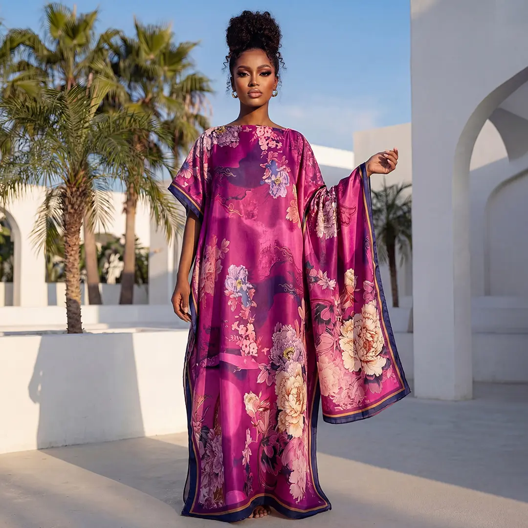 【Moo Moo】Boho Floral Print Maxi Dress with Matching Scarf - Flowy Cover-Up for Beach & Vacation sun protection satin scarf print robe set elegant