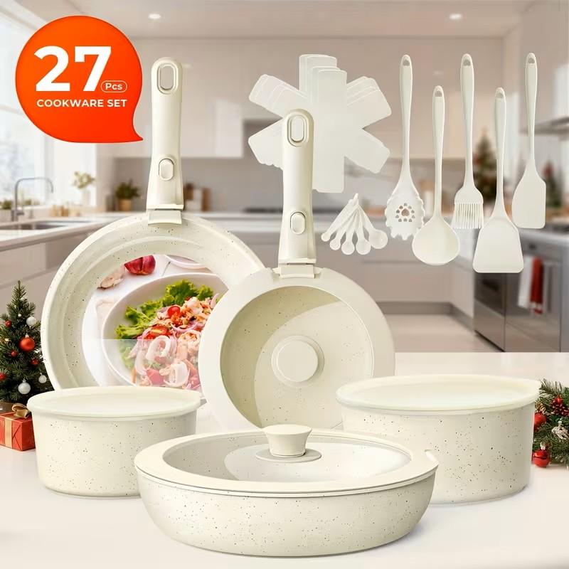 Ganiza 27pcs Nonstick Cookware Set Pots Non Toxic Cookware Sets Induct Pots And Pans with Removable Handles Cooking Set Oven/Dishwasher Safe Including Frying Pans Sauce Pans Beige Gifts