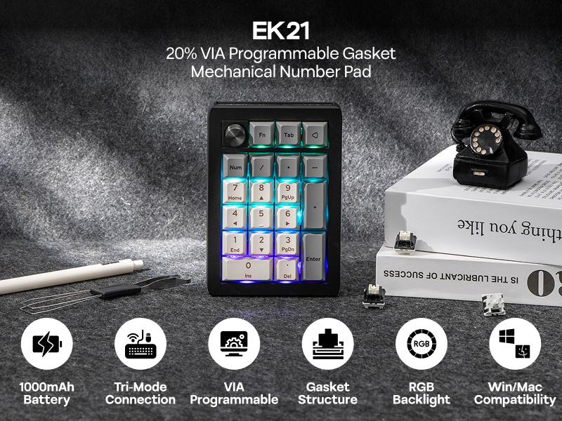 EPOMAKER EK21 VIA Gasket Number Pad BT 5.0/2.4ghz/Wired Hot-Swap Numpad with Aluminum Alloy knob, Programmable for Win/Mac/Gaming