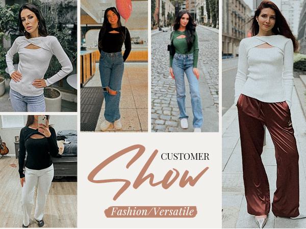 zeagoo Women's Pullover Sweaters Long Sleeve Cutout Knit Lightweight Crew Neck Fall Tops S-XXL Casual Womenswear Sizes run large Thin