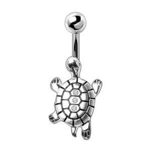 Gemmed Turtle Belly Button Ring in with CZ Crystal Accents - 316L Stainless Steel