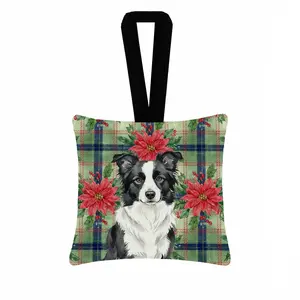 Carolines Treasures WDK8523PO3 3.5 x 3.5 in. Border Collie Christmas Poinsettias Hanging Square Fabric Ornament