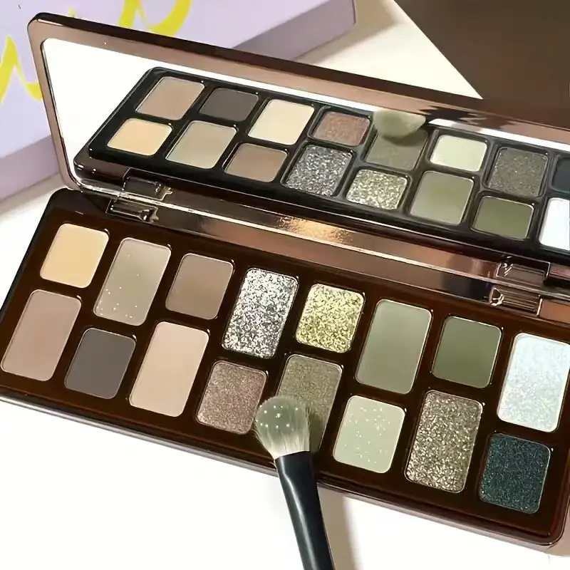 16-Color Cosmetic Eyeshadow Palette - Matte, Shimmer, Glitter Finishes - Gray, Green, Earth Tones Cool Tone Eyeshadow for Smoky Retro Makeup